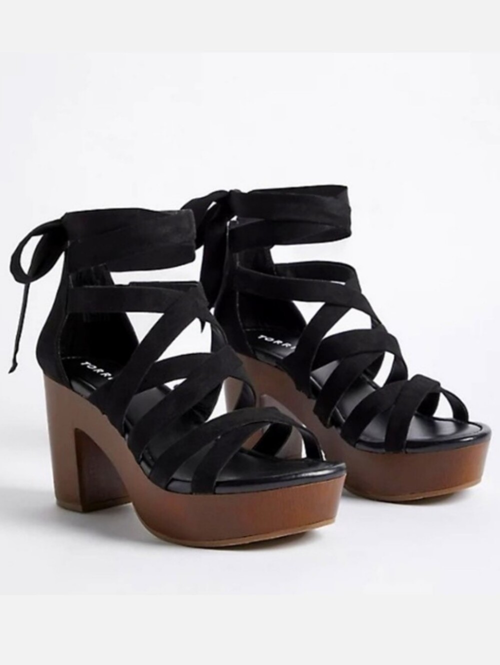 TORRID Ankle Wrap Wood Heel Shoe  Faux Suede In Black Size 12WW NWOB